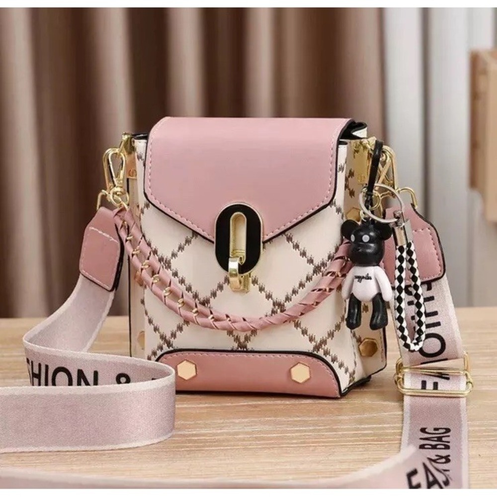 Unbranded Pink Cream Geometric Crossbody Shoulder Bag Gold Hardware Handbag